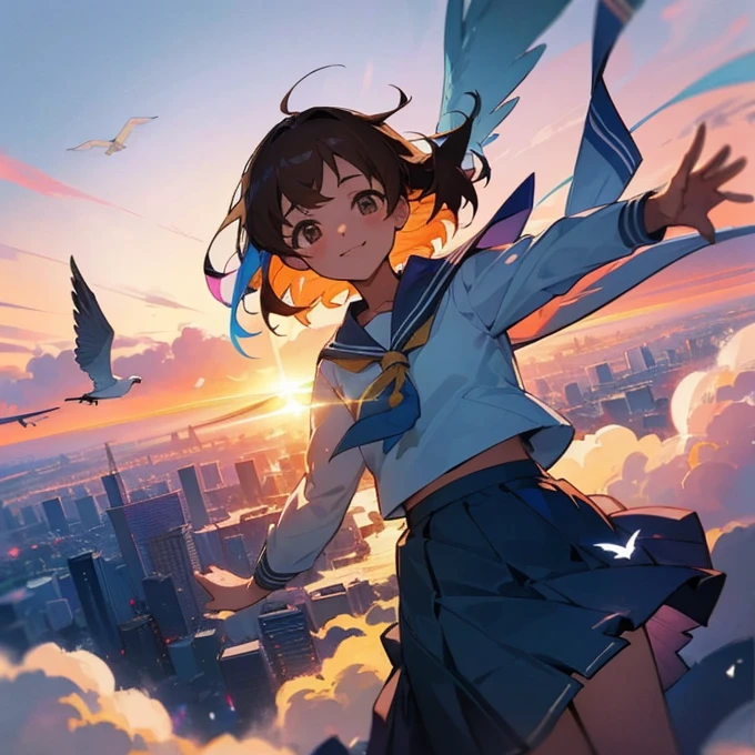 a girl in a sailor uniform flying through the sky, her skirt billowing in the wind, short brown hair, with the Tokyo cityscape visible in her eyes, bird's eye view, colorful sky, above the clouds, skydiving、Beautiful sunset、Backlight、High quality、Extremely detailed background、Cute Girls、smile