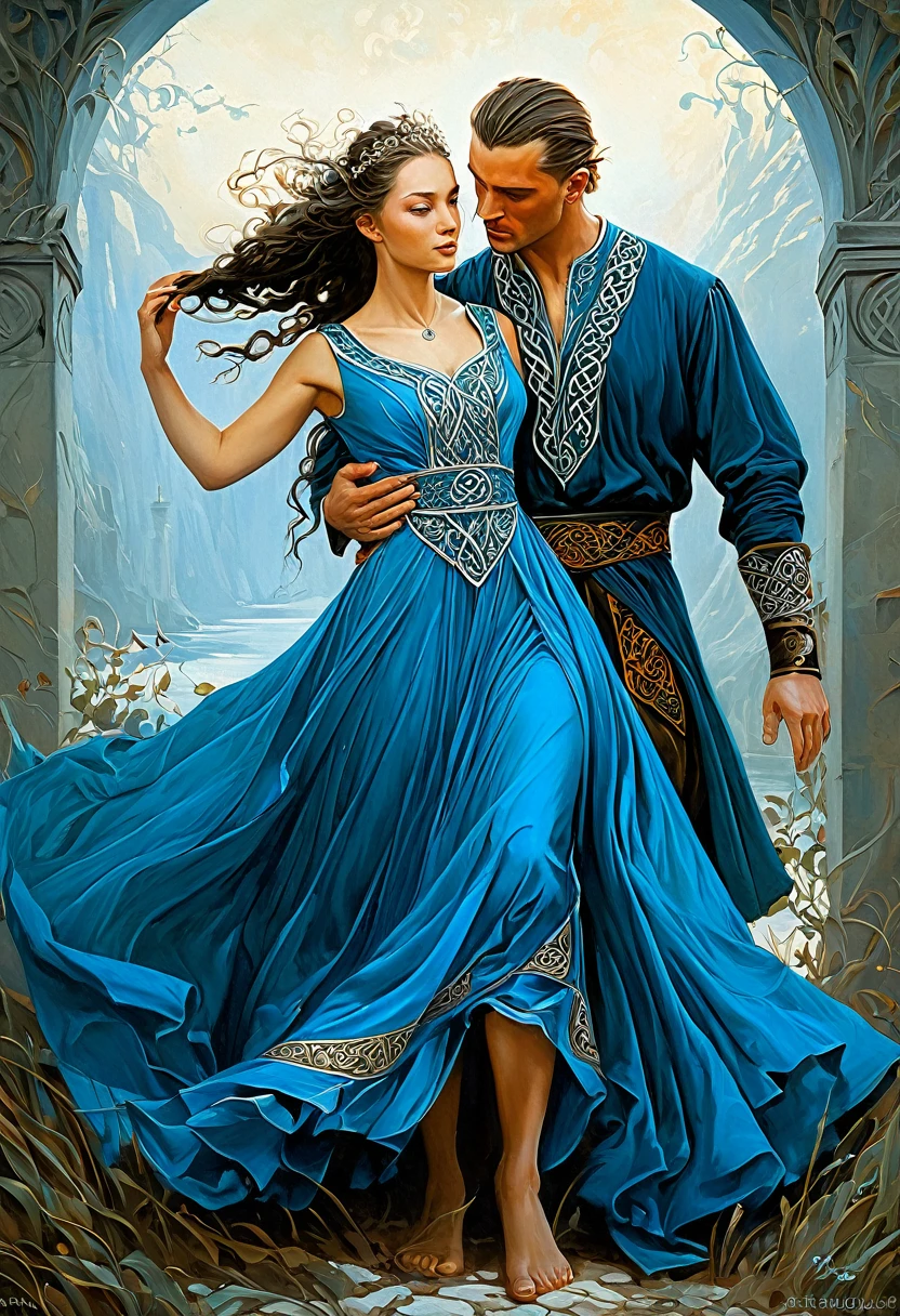a painting of a man and woman in a blue dress, by Hristofor Žefarović, karol bak and peter mohrbacher, celtic fantasy art, by László Balogh, а fantasy proto-slavic mythology, slavic mythology, detailed fantasy art, beautiful depiction, magali villeneuve'