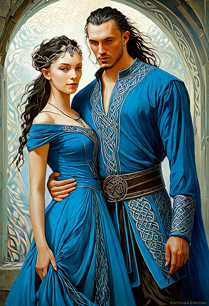 a painting of a man and woman in a blue dress, by Hristofor Žefarović, karol bak and peter mohrbacher, celtic fantasy art, by László Balogh, а fantasy proto-slavic mythology, slavic mythology, detailed fantasy art, beautiful depiction, magali villeneuve'