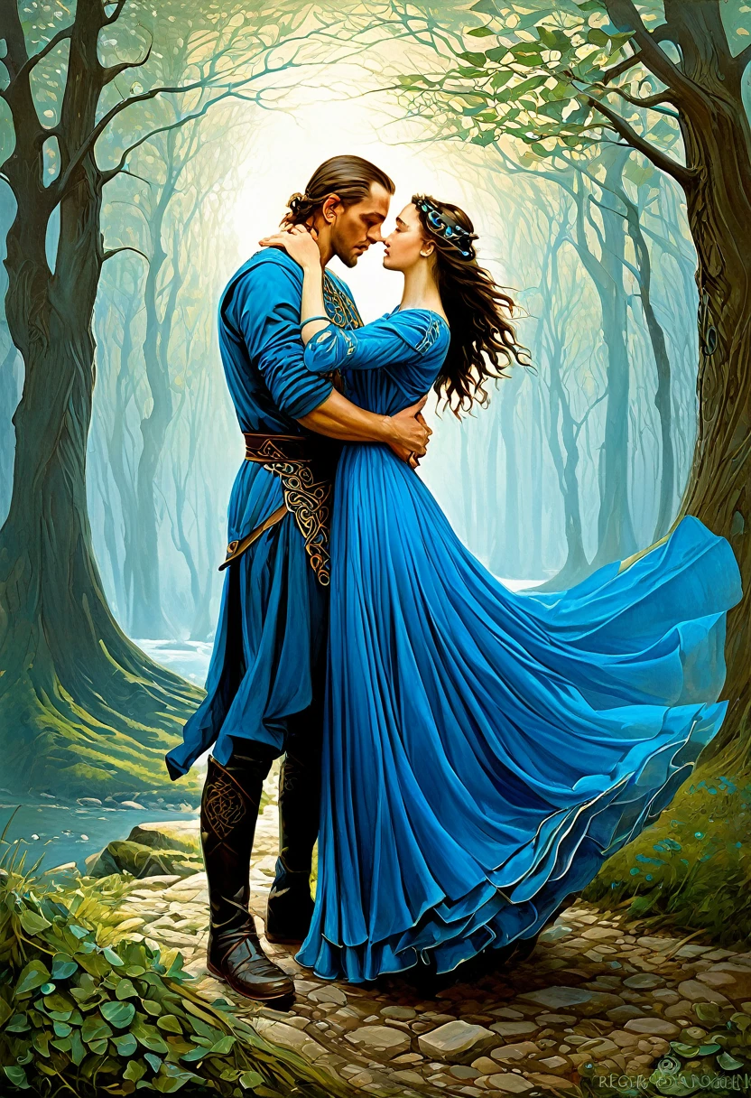 a painting of a man and woman in a blue dress, by Hristofor Žefarović, karol bak and peter mohrbacher, celtic fantasy art, by László Balogh, а fantasy proto-slavic mythology, slavic mythology, detailed fantasy art, beautiful depiction, magali villeneuve'