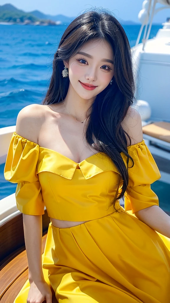 A sweet girl by the yatch luxury,voluminous hair,Delicate face,Photorealsitic,of a real,largeaperture,wears a yellow dress,A cropped dress,Off-the-shoulder,A dress around the neck,Slim,smiles,Ultra-high resolution, Blurred background