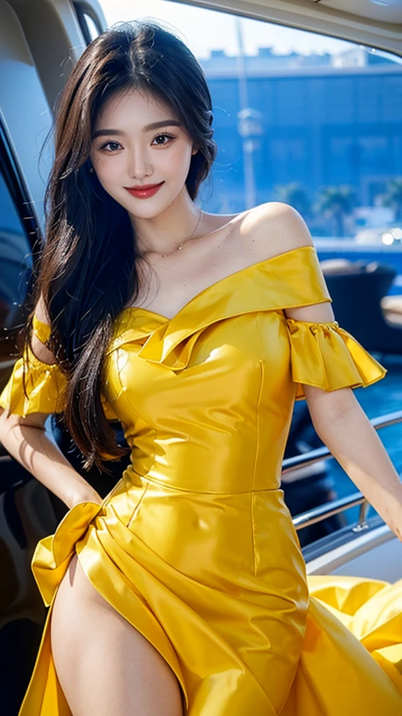 A sweet girl by the yatch luxury，voluminous hair，Delicate face，Photorealsitic，of a real，largeaperture，wears a yellow dress，A cropped dress，Off-the-shoulder，A dress around the neck，Slim，smiles，Ultra-high resolution, Blurred background