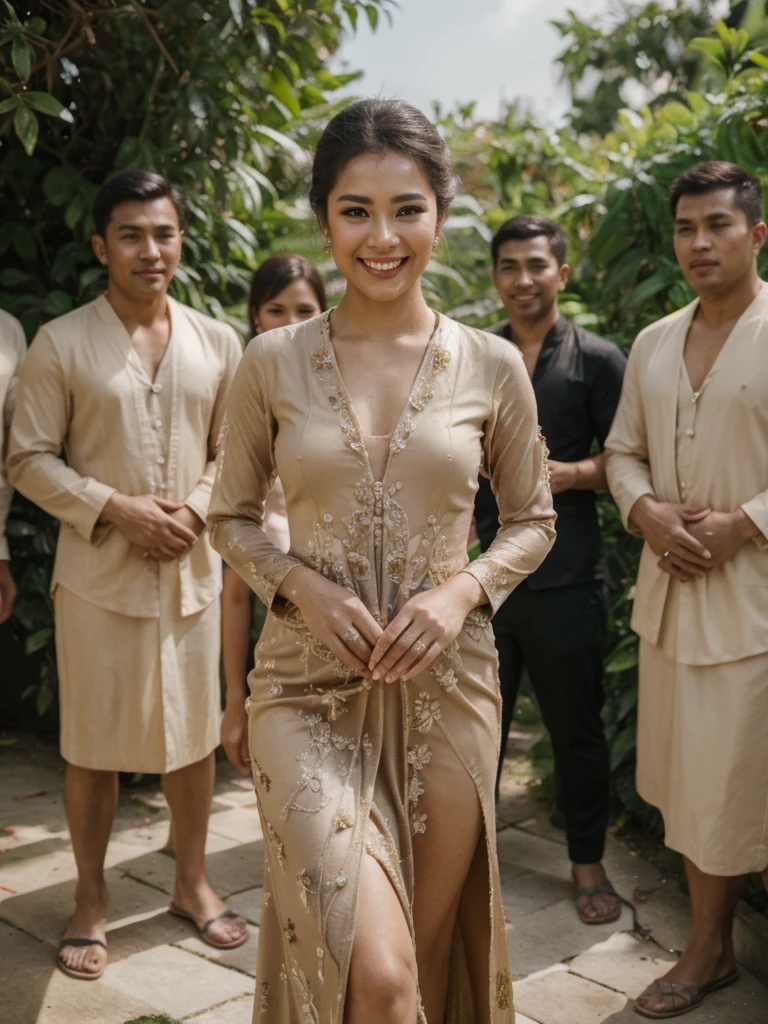 ((Best Quality, 8K, Masterpiece:)), Focus, realistic, A stunning high-resolution, vibrant photograph of 15 old young indonesian girl wear slit kebaya dress, laughing,surrounded by men, multiple men, men embracing her shoulder ,sexy aura, erotic mood,at outdoor wedding party,realistic photo, full body shot,The background is slightly blurred to keep the focus on her, creating a beautiful bokeh effect. soft sunlight filtering through,