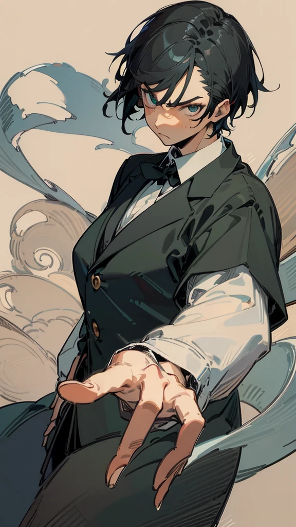 Narrow eyes, droopy eyes, man, black hair, bangs up, formal attire, medieval, fantasy, muscular, character drawing, Cool vigilante intimidating 、front facing vertical face Man with big eyes facing forward  、Slicked back short hair