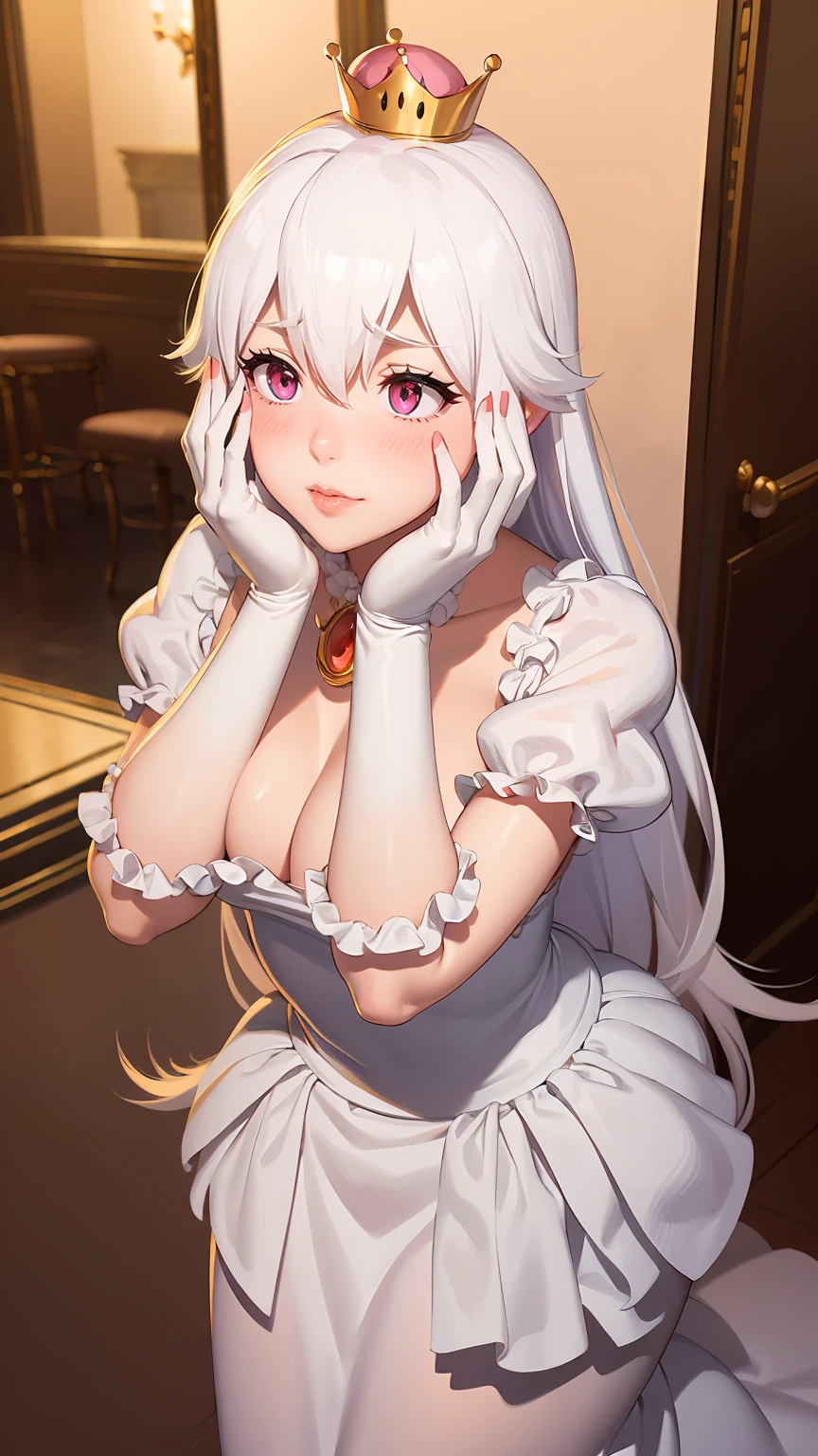 ((masterpiece)), ((best quality)), (detailed), perfect, solo, boosette, gorgeous girl, luscious lips, white hair, (((very shy))), (((blushing))), (((hands on face))), in a haunted mansion,