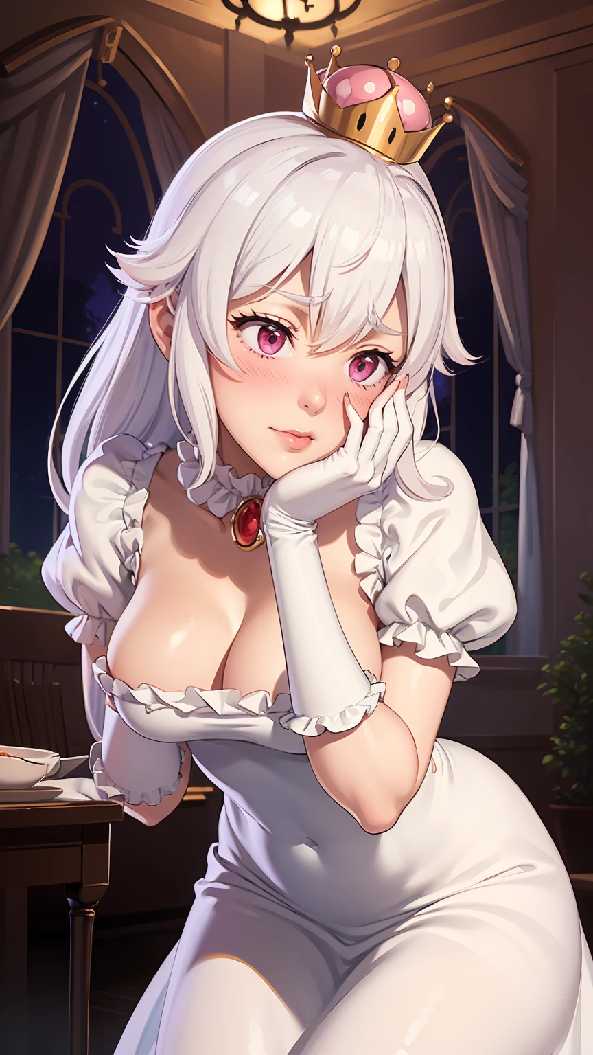 ((masterpiece)), ((best quality)), (detailed), perfect, solo, boosette, gorgeous girl, luscious lips, white hair, (((very shy))), (((blushing))), (((hands on face))), in a haunted mansion,