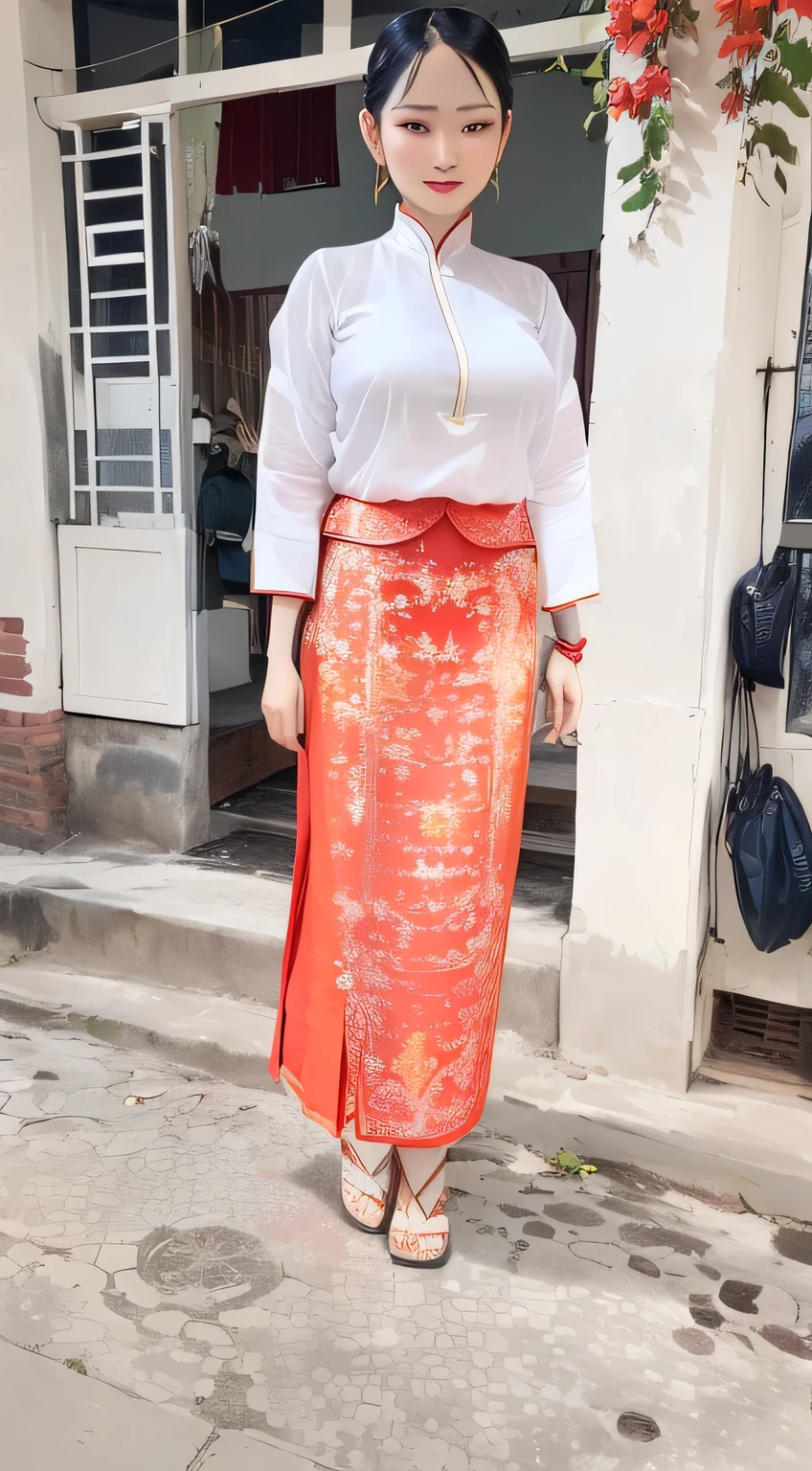 there is a woman standing in a red skirt in front of a building, sukhothai costume, wearing traditional garb, traditional dress, traditional clothes, traditional tai costume, wearing authentic attire, wearing skirt, traditional clothing, long skirt, in style of lam manh, ao dai, traditional, dressed in long fluent skirt, traditional beauty, traditional costume