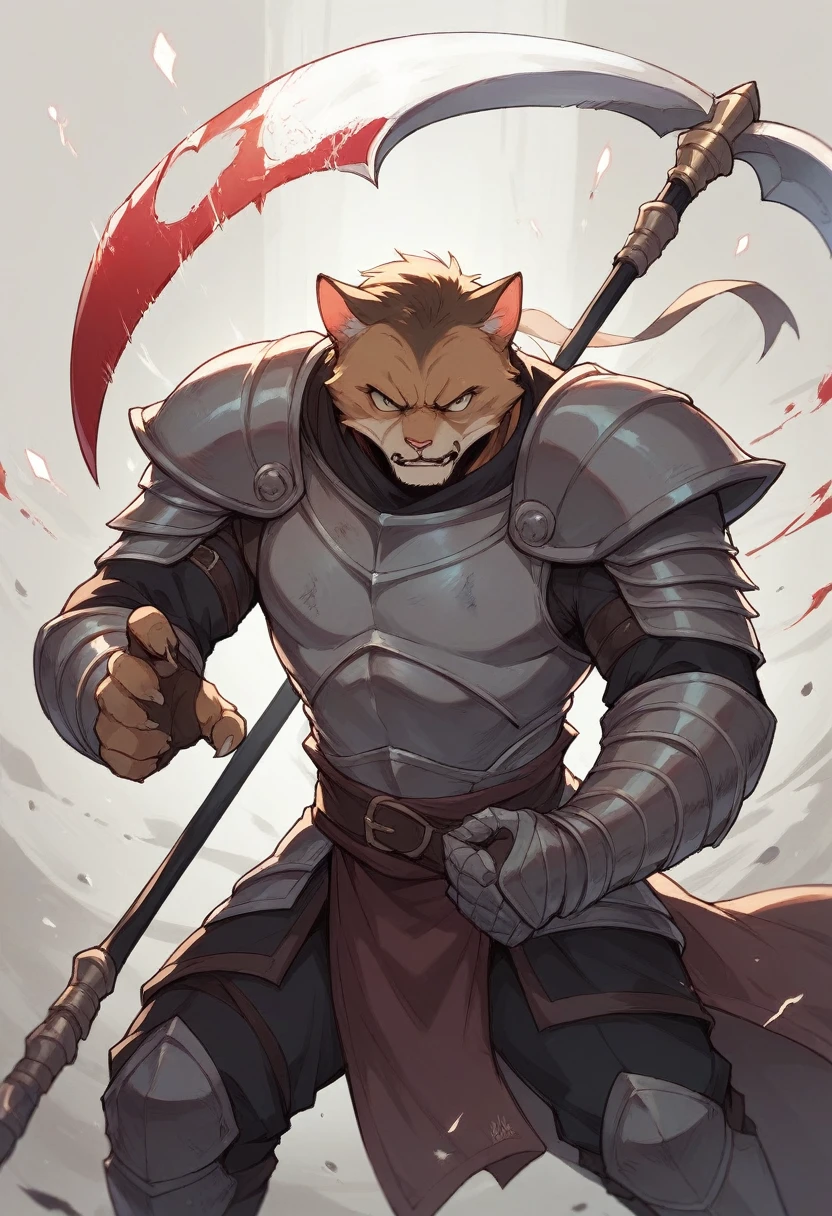 Cat in a kight armor with a scythe as a weapon of the death and standing in front of the gate kingdom protecting as he said "thou shall stand till end" as he protecting the kindom from the enemy