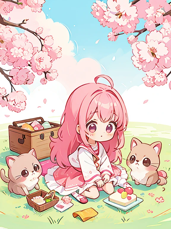Estilo Momoko Sakura, Kawaii Design, The most beautiful girl of all time.、Chibi, Lindo y colorido padre cochinilla y 、picnic, gatitos, cabello largo rosa, ojos morados