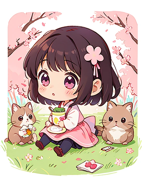 Estilo Momoko Sakura, Kawaii Design, The most beautiful girl of all time.、Chibi, Lindo y colorido padre cochinilla y 、picnic, gatitos, cabello largo rosa, ojos morados