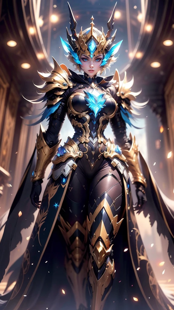 A woman adorned in fantasy-style full-body armor, a crown-concept fully enclosed helmet that unveils only her eyes, a composite layered chest plate, fully encompassing shoulder and hand guards, a lightweight waist armor, form-fitting shin guards, the overall design is heavy-duty yet flexible, (the armor gleams with a golden glow, complemented by red and blue accents), exhibiting a noble aura, she floats above a fantasy-surreal high-tech city, this character embodies a finely crafted fantasy-surreal style armored hero in anime style, exquisite and mature manga art style, (mixture of Queen bee and Spider concept Armor, plasma), ((Element, elegant, goddess, femminine:1.5)), metallic, high definition, best quality, highres, ultra-detailed, ultra-fine painting, extremely delicate, professional, anatomically correct, symmetrical face, extremely detailed eyes and face, high quality eyes, creativity, RAW photo, UHD, 32k, Natural light, cinematic lighting, masterpiece-anatomy-perfect, masterpiece:1.5