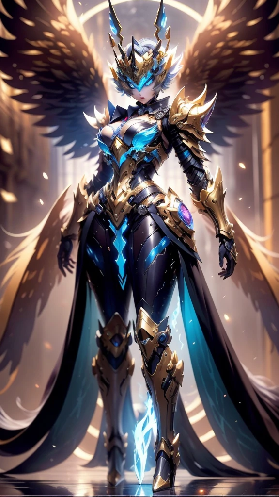 A woman adorned in fantasy-style full-body armor, a crown-concept fully enclosed helmet that unveils only her eyes, a composite layered chest plate, fully encompassing shoulder and hand guards, a lightweight waist armor, form-fitting shin guards, the overall design is heavy-duty yet flexible, (the armor gleams with a golden glow, complemented by red and blue accents), exhibiting a noble aura, she floats above a fantasy-surreal high-tech city, this character embodies a finely crafted fantasy-surreal style armored hero in anime style, exquisite and mature manga art style, (mixture of Queen bee and Spider concept Armor, plasma), ((Element, elegant, goddess, femminine:1.5)), metallic, high definition, best quality, highres, ultra-detailed, ultra-fine painting, extremely delicate, professional, anatomically correct, symmetrical face, extremely detailed eyes and face, high quality eyes, creativity, RAW photo, UHD, 32k, Natural light, cinematic lighting, masterpiece-anatomy-perfect, masterpiece:1.5