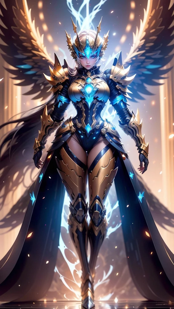 A woman adorned in fantasy-style full-body armor, a crown-concept fully enclosed helmet that unveils only her eyes, a composite layered chest plate, fully encompassing shoulder and hand guards, a lightweight waist armor, form-fitting shin guards, the overall design is heavy-duty yet flexible, (the armor gleams with a golden glow, complemented by red and blue accents), exhibiting a noble aura, she floats above a fantasy-surreal high-tech city, this character embodies a finely crafted fantasy-surreal style armored hero in anime style, exquisite and mature manga art style, (mixture of Queen bee and Spider concept Armor, plasma), ((Element, elegant, goddess, femminine:1.5)), metallic, high definition, best quality, highres, ultra-detailed, ultra-fine painting, extremely delicate, professional, anatomically correct, symmetrical face, extremely detailed eyes and face, high quality eyes, creativity, RAW photo, UHD, 32k, Natural light, cinematic lighting, masterpiece-anatomy-perfect, masterpiece:1.5