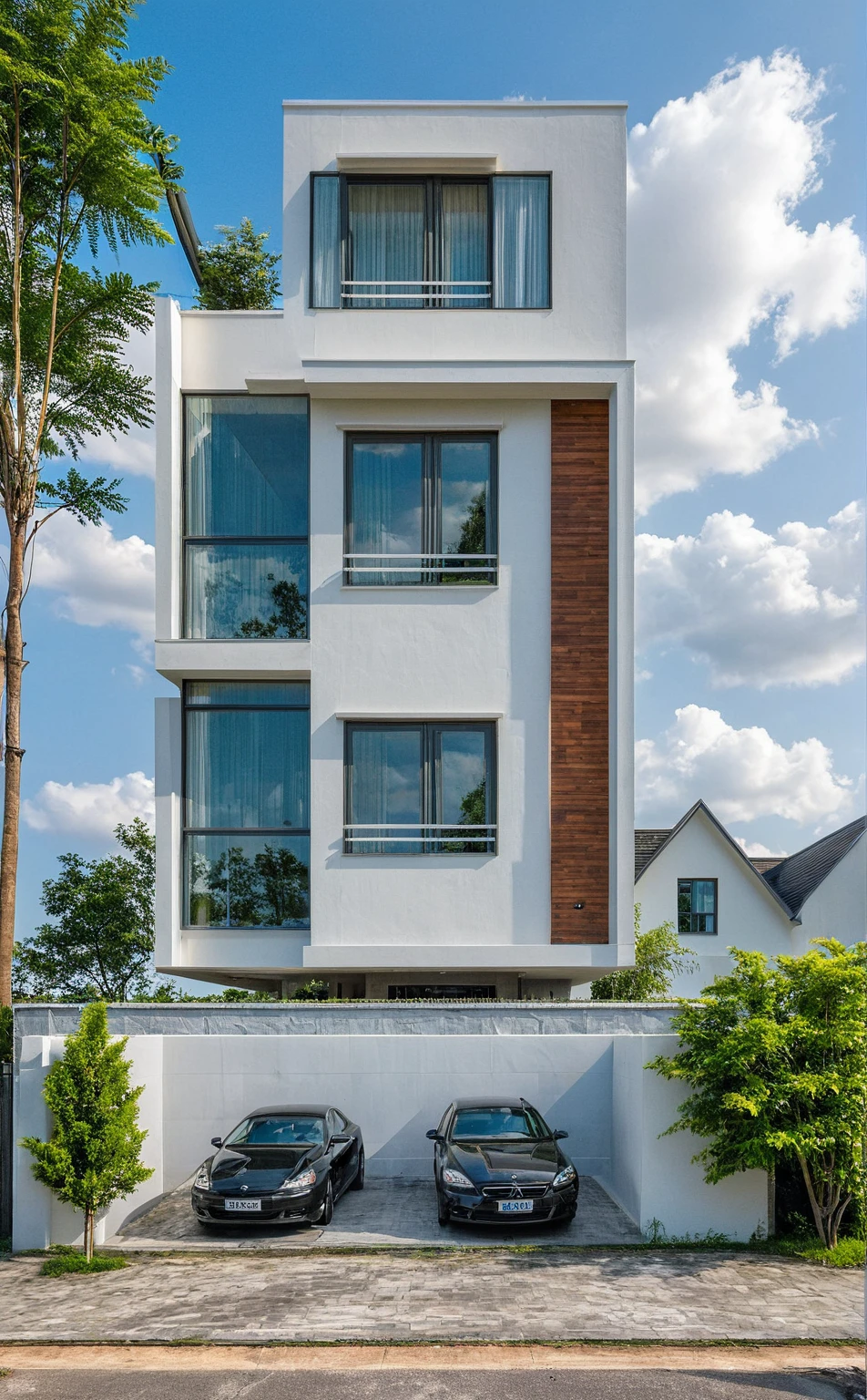 Masterpiece, high quality, best quality, authentic, realistic scene, super detail, outdoors, house on the street, white wall, electric power pole, glass window, steel gate, road, pavement, grass, trees, sky, cloud, car (daylight:1.1)