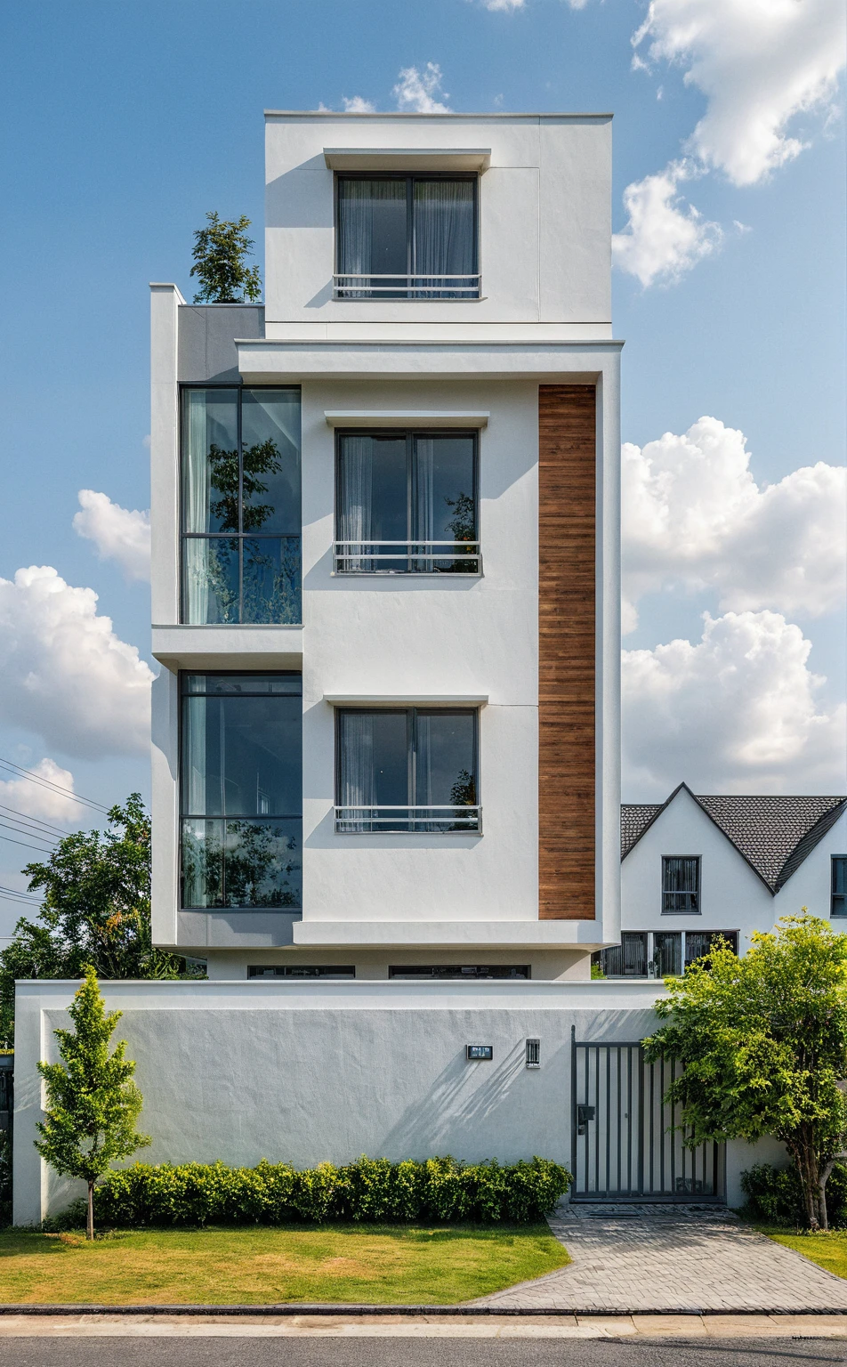 Masterpiece, high quality, best quality, authentic, realistic scene, super detail, outdoors, house on the street, white wall, electric power pole, glass window, steel gate, road, pavement, grass, trees, sky, cloud, car (daylight:1.1)
