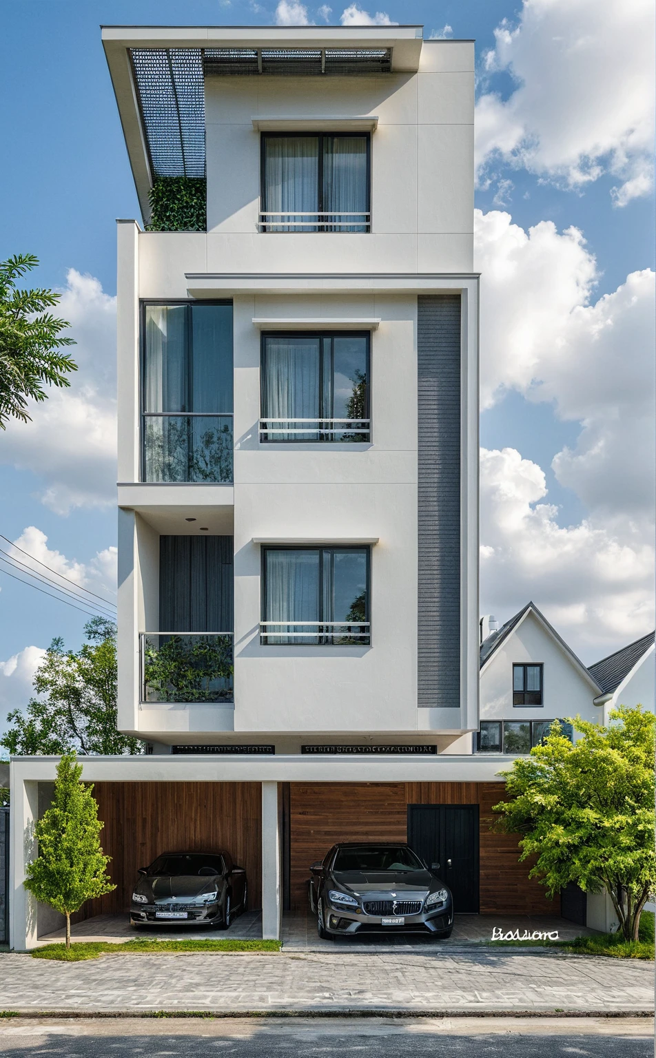 Masterpiece, high quality, best quality, authentic, realistic scene, super detail, outdoors, house on the street, white wall, electric power pole, glass window, steel gate, road, pavement, grass, trees, sky, cloud, car (daylight:1.1)