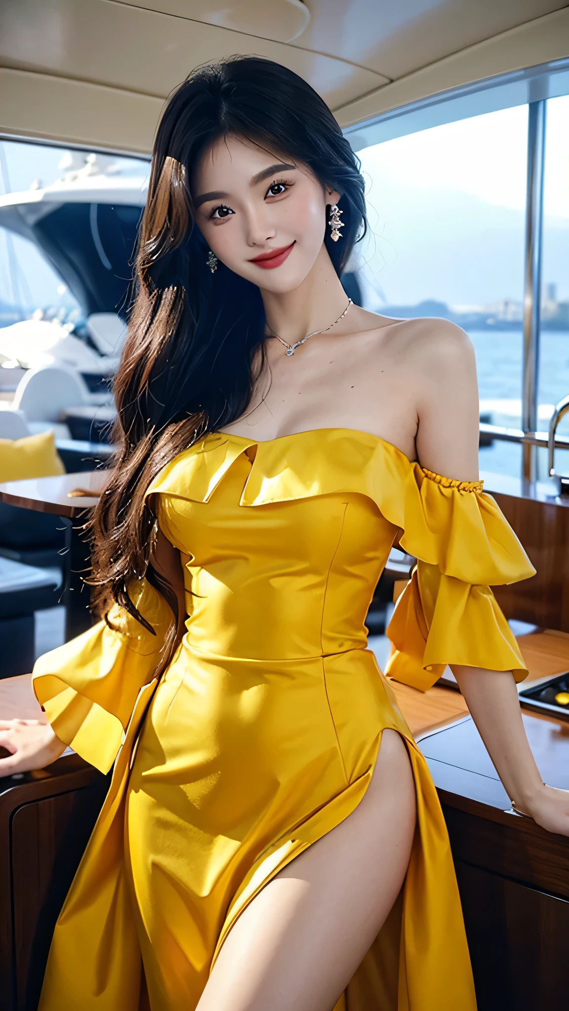 A sweet girl by the yatch luxury，voluminous hair，Delicate face，Photorealsitic，of a real，largeaperture，wears a yellow dress，A cropped dress，Off-the-shoulder，A dress around the neck，Slim，smiles，Ultra-high resolution, Blurred background