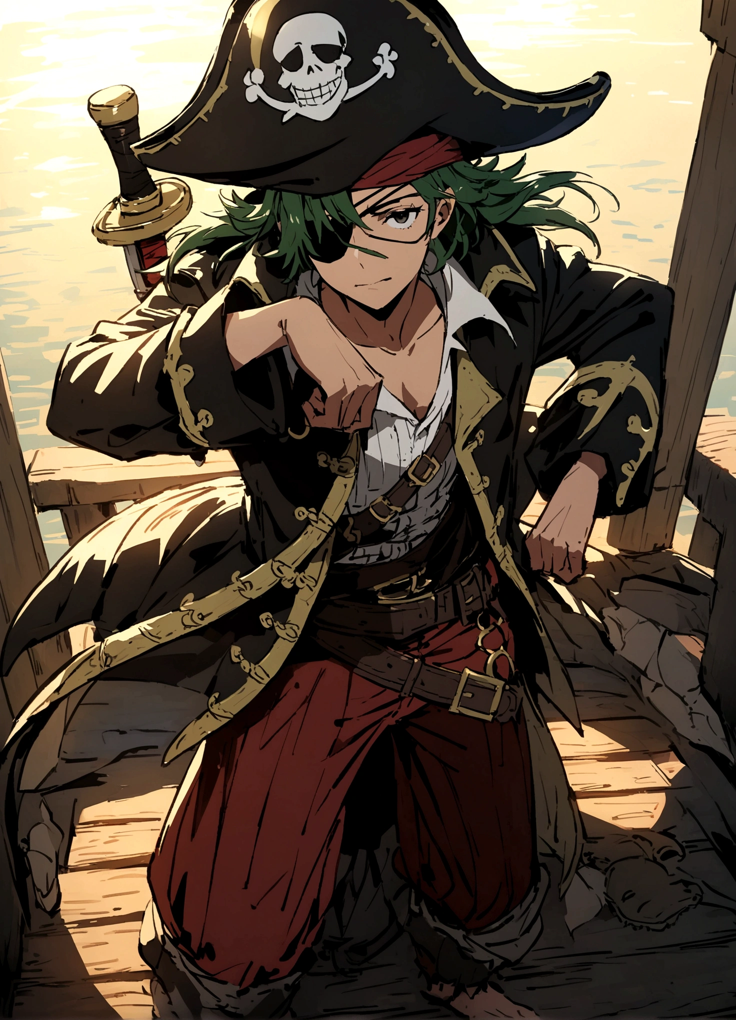 An alligator pirate (pirate hat and jacket, belt with sword, eyepatch)  poses  on pier, he has one foot on a barrel of rum