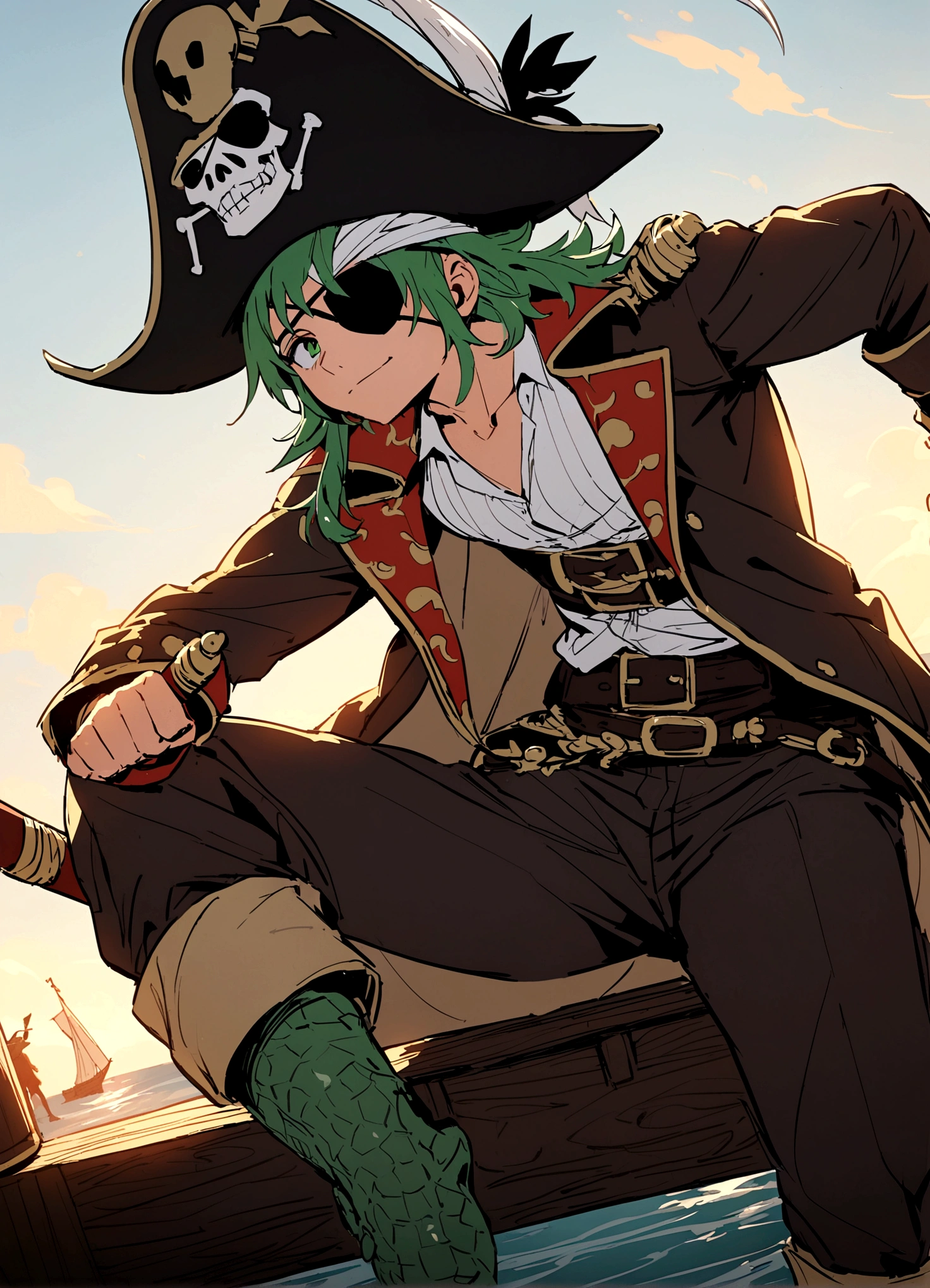 An alligator pirate (pirate hat and jacket, belt with sword, eyepatch)  poses  on pier, he has one foot on a barrel of rum