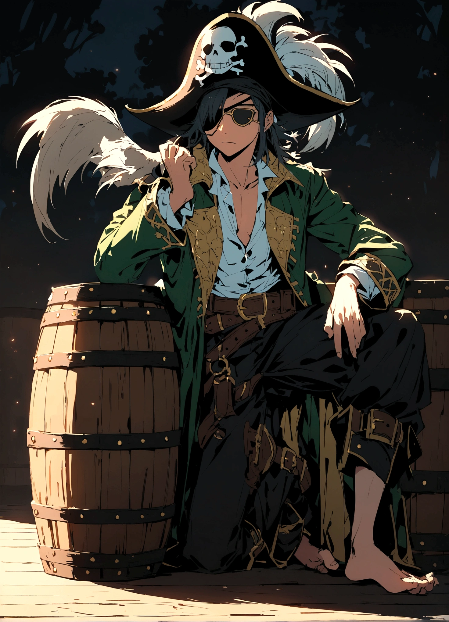 An alligator pirate (pirate hat and jacket, belt with sword, eyepatch) poses on pier, he has one foot on a barrel of rum