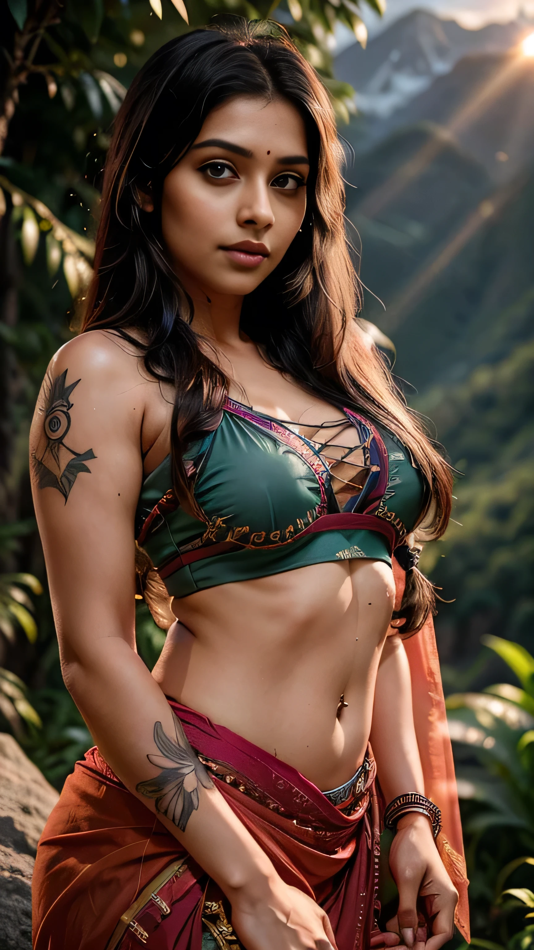 30 year old indian woman, wearing Saree, long braid hair, mountain forest, ultra realistic, realism, cute, charming, dusk time, sunset, medium height, big eyes, tattooed hands, sexy, ambient lighting, lens flare, god rays, perfect anatomy, detailed body and face, 8k