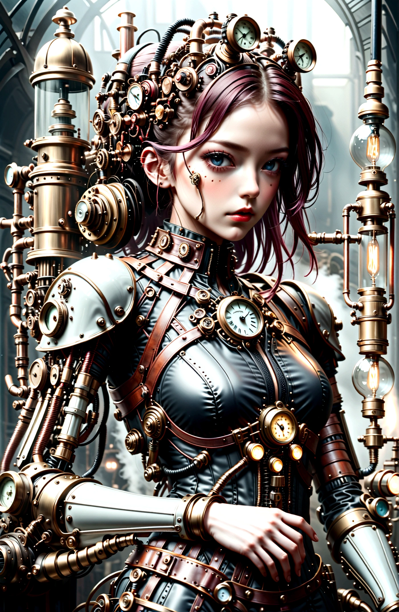 ((Masterpiece)), (Best Quality), (Cinematic),(Extremely detailed CG Unity 8k wallpaper), 1 girl, fit,Delicious company, small breasts,(no goggles on face)(very long redhair),one Stunning red-haired steampunk woman who lost her forearm in an accident received a beautifully designed, fine and perfectly fitting robotic prosthesis (steampunk style) as a replacement, posing coolly in front of machines and factories. With this prosthesis she shows us a sealed, delicate poison glass bottle with blue liquid in it. Hand-forearm prosthesis made of brass and leather. She wears tight-fitting clothing (steampunk leather suit with cut-outs on hips and belly and buckles).the forearms are nude to show the prothetic arm, hoes and decorative wielding goggles in her hair on head, also made of brass and leather. The landscape is a bit gloomy, but also impressive.,1 line drawing,make up,steampunk style