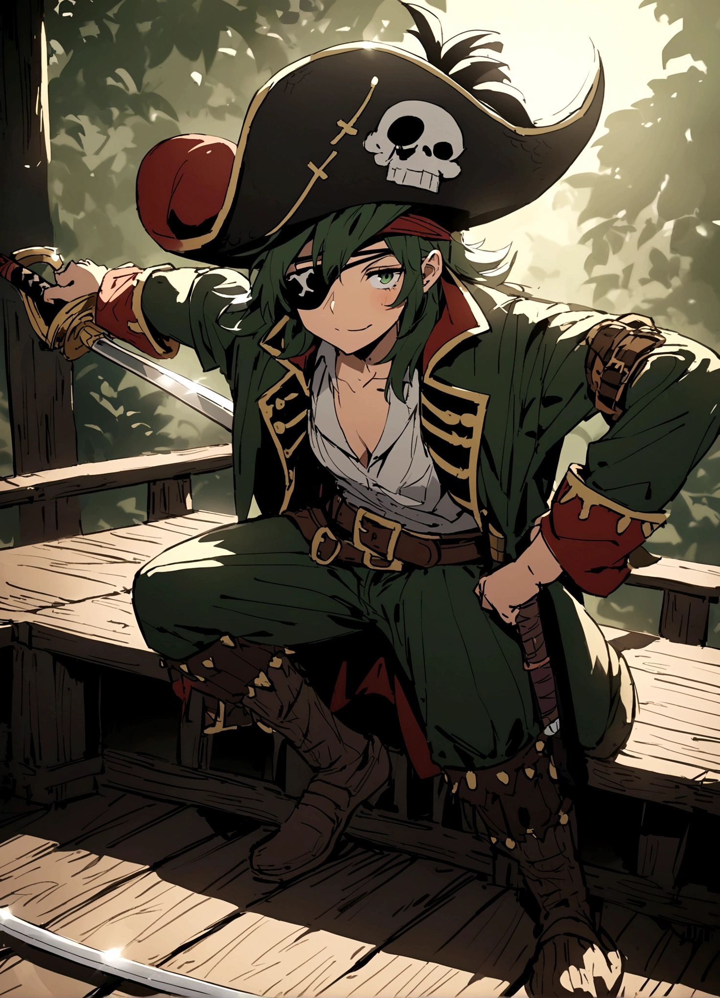 An alligator pirate (pirate hat and jacket, belt with sword, eyepatch)  poses  on pier, he has one foot on a barrel of rum