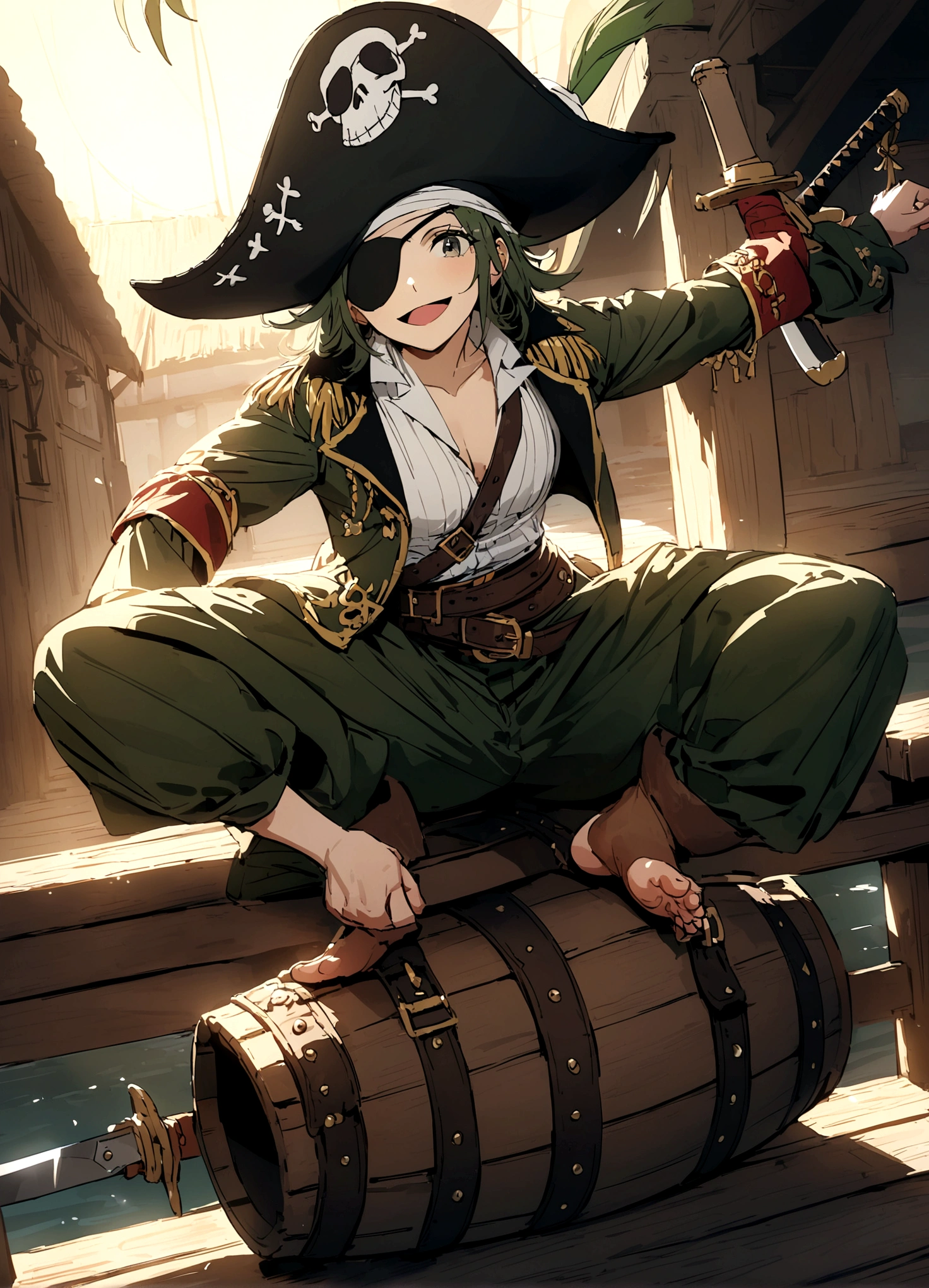 An alligator pirate (pirate hat and jacket, belt with sword, eyepatch) poses on pier, he has one foot on a barrel of rum