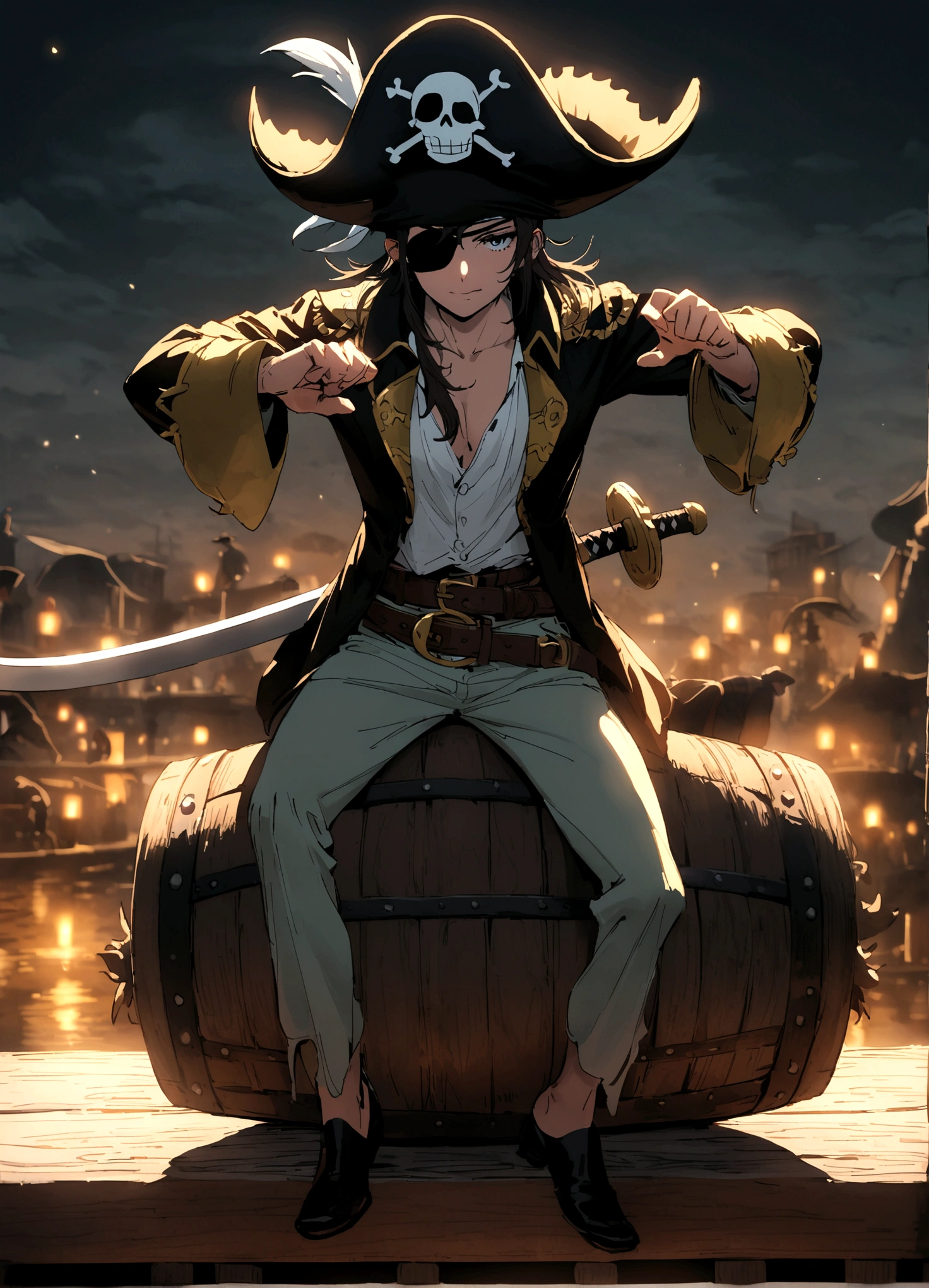 An alligator pirate (pirate hat and jacket, belt with sword, eyepatch)  poses  on pier, he has one foot on a barrel of rum