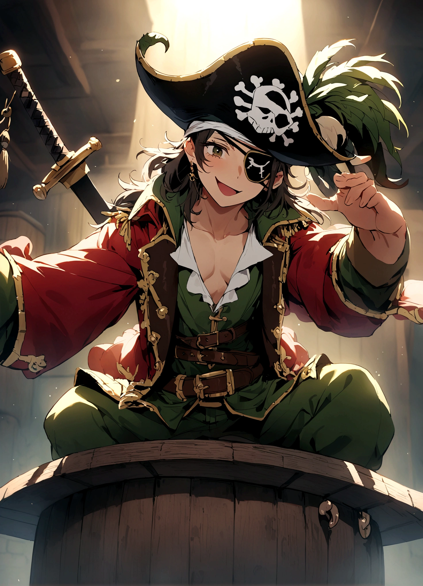 (Best quality, masterpiece:1.2), very detailed, HDR, 20 years, One (pirates of the carribean, Pirate Costume, Rich decorations, Jewelry), (gloomy atmosphere, big hat), I look at the viewer, (Beautiful, detailed eyes, Beautiful, detailed mouth, extremely detailed eyes and face, long eyelashes), (slim, rounded, hourglass) body, (Beautiful, detailed chest, slim breasts, firm breasts), (slim, toned) legs, very sexy, (Cheeky smile, insidious), nsfv