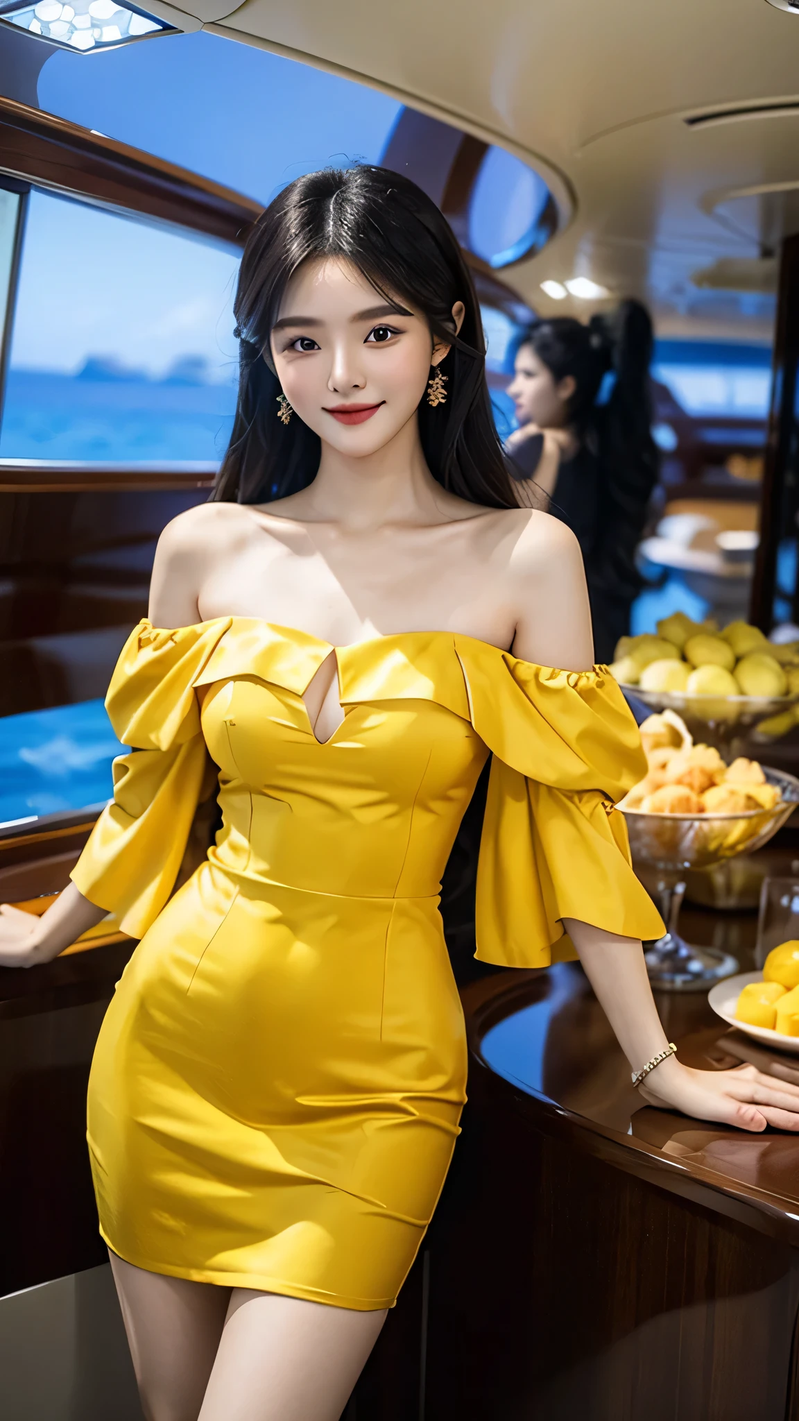 A sweet girl by the yatch luxury,voluminous hair,Delicate face,Photorealsitic,of a real,largeaperture,wears a yellow dress,A cropped dress,Off-the-shoulder,A dress around the neck,Slim,smiles,Ultra-high resolution, Blurred background