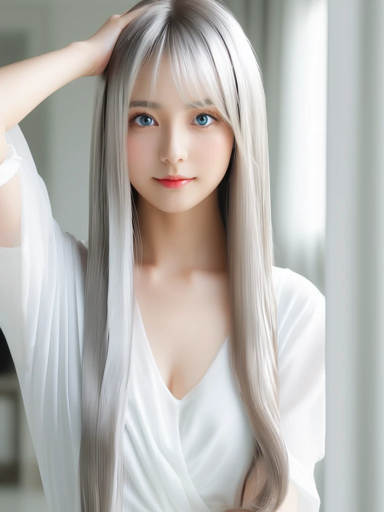 The Shining, clear, White skin、(Staring adoringly at the viewer:1.8)、Her windblown silver hair hides her beautiful face..、Huge、Sexy beautiful face of 28 years old、(Eye-catching beautiful straight long hair:1.8)、growing up, light blue eyes shimmering、Sexy long silky bangs that cover the eyes, Sexy young woman with super long hair hiding her sexy face、The Shining silver hair、(((Sexy Woman)))