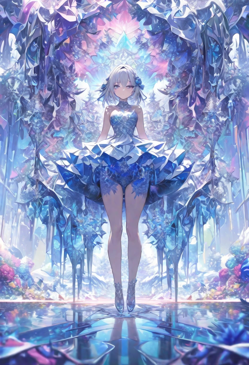 ((masterpiece)), (anime:1.3), ((Highest quality)), (Abstract art:1.5), (High resolution), (pale colour), Wide Shot, (Fractal structure:1.5), , landscape, (beautiful), (Biological atmosphere), deep sea, (pretty girl), beautiful白い髪, transparent Glass ice mirror Blue rose crystal