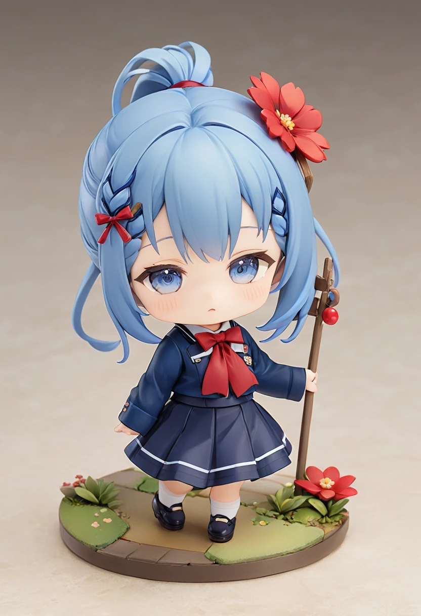 Blue Hair,Double low ponytail,Ponytail with red flower hairpin,Navy blue,skirt,Red bow tie,Q version,Tiny cute