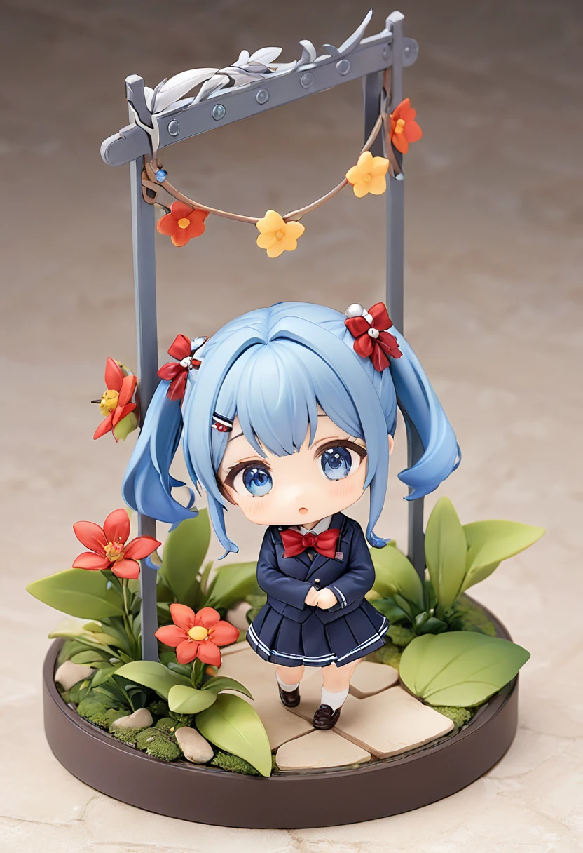 Blue Hair，Double low ponytail，Ponytail with red flower hairpin，Navy blue，skirt，Red bow tie，Q version，Tiny cute