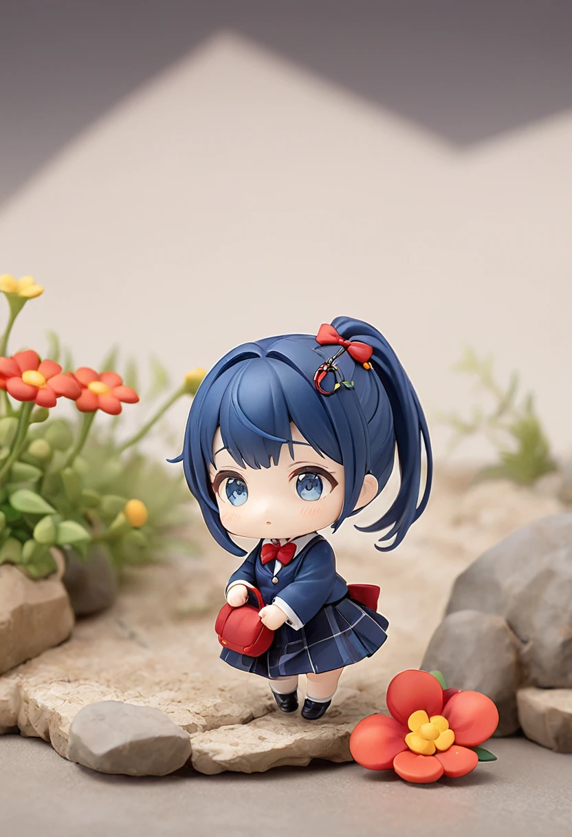 Blue Hair，Double low ponytail，Ponytail with red flower hairpin，Navy blue，skirt，Red bow tie，Q version，Tiny cute