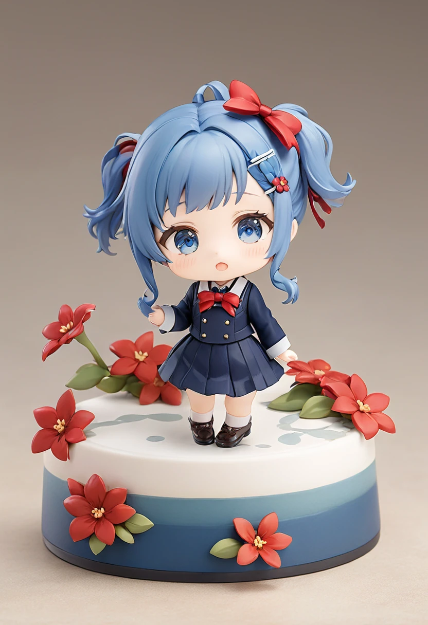 Blue Hair，Double low ponytail，Ponytail with red flower hairpin，Navy blue，skirt，Red bow tie，Q version，Tiny cute