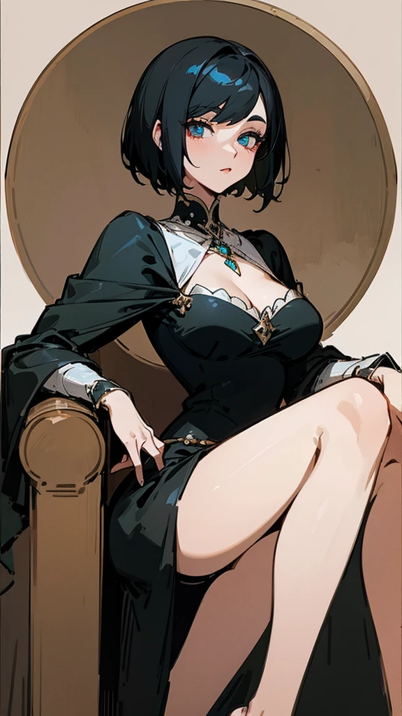 Lady Medieval Fantasy Character Drawing Elegance Short-Hair Married Black-Dress Dark Black Big Eyes Mature