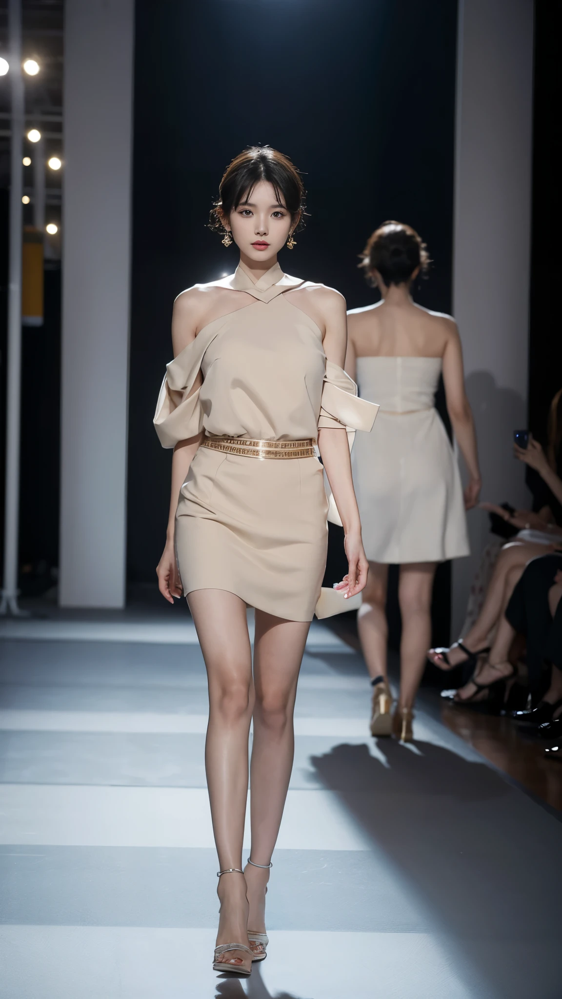 Korean woman, very beautiful, Perfect face, Very short hair, She is a model,Walk the catwalk in luxurious clothes from Paris Fashion Week, wearing expensive earrings, Perfect full body, She is being photographed