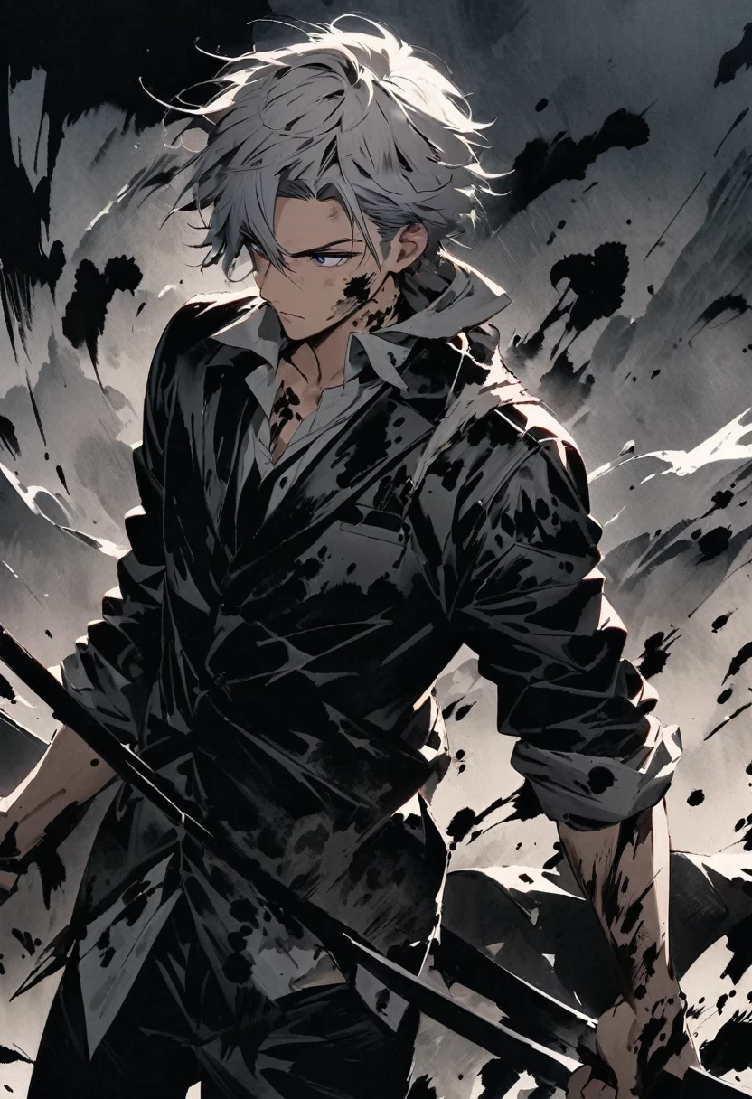 Short grey hair Sharp eyes 28 years old Hold a longsword Damaged black suit Ink painting art