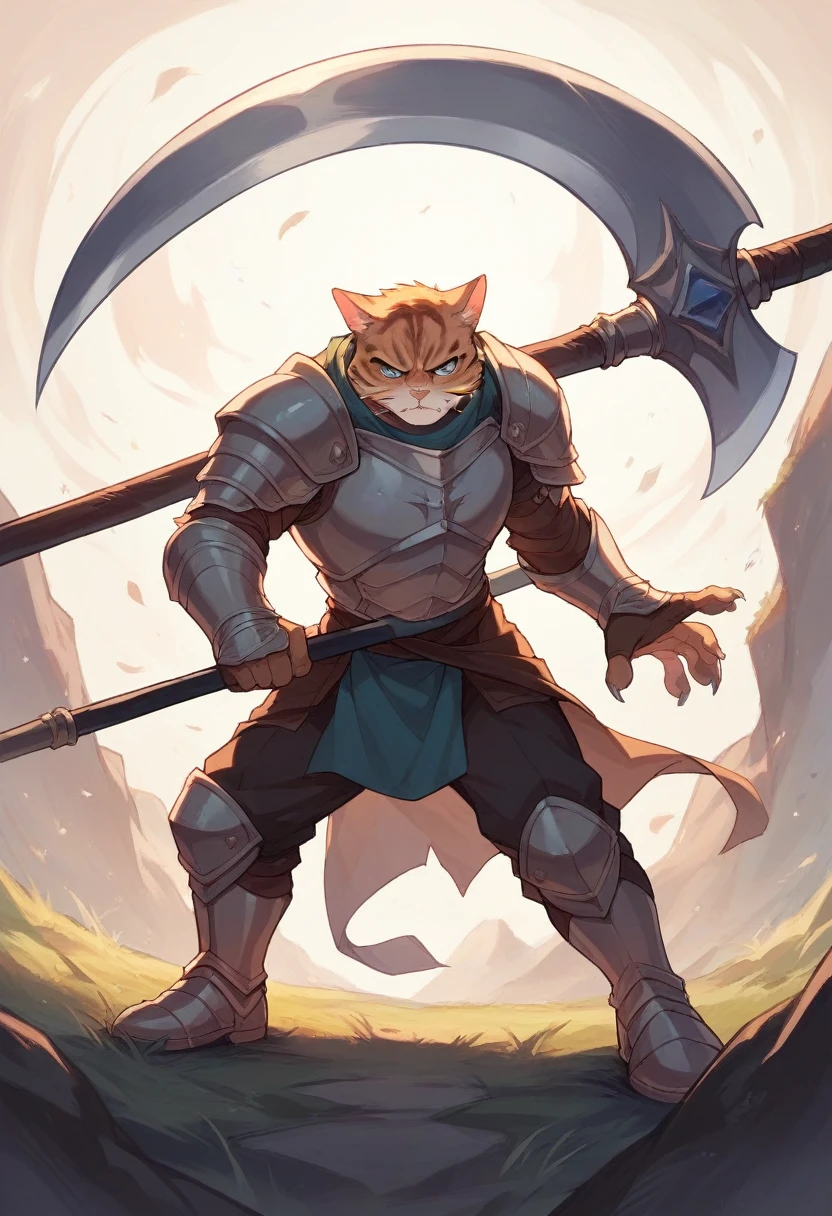 Cat in a kight armor with a scythe as a weapon of the death and standing in front of the gate kingdom protecting as he said "thou shall stand till end" as he protecting the kindom from the enemy