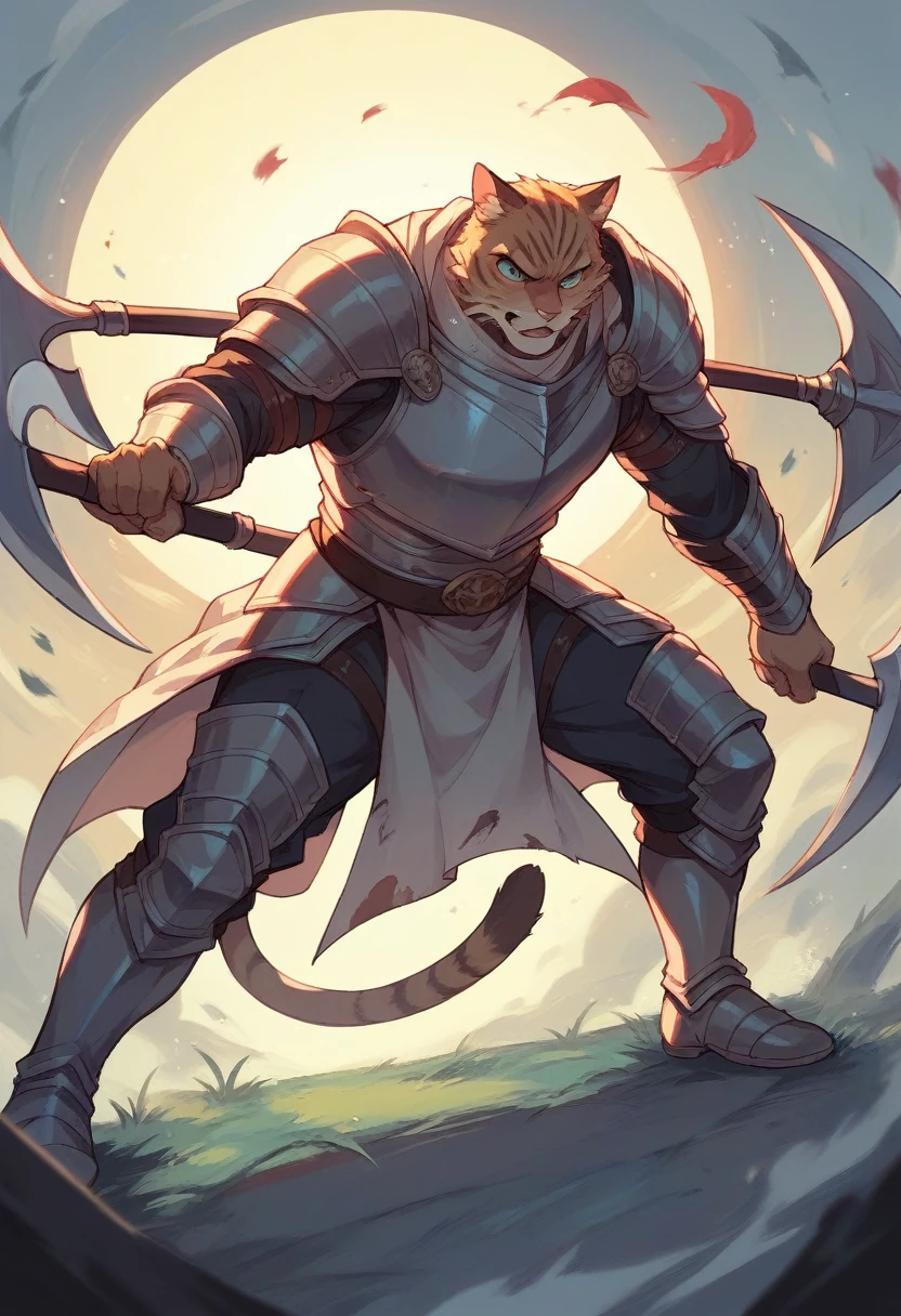 Cat in a kight armor with a scythe as a weapon of the death and standing in front of the gate kingdom protecting as he said "thou shall stand till end" as he protecting the kindom from the enemy