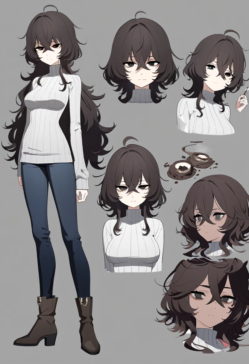 One Woman,Downer,older sister,Concept Art,Dark brown hair,Straight hair with slight inward curls,Staring eyes,Eye Ridge,black eye,Crossed bangs,whole body,smile,Slightly larger breasts,Gray background,Bangs that reach down to the eyes,Messy hair,Tight dark jeans,Gray turtleneck sweater,Multiple views of the same character,Character Design,Dark circles under the eyes,Bad look,Listless,Sloppy,Silver Jewelry,Cafe staff,Holding a cigarette,whole bodyCharacter Design,Detailed hands,Height: 170cm,boots,fleshy,