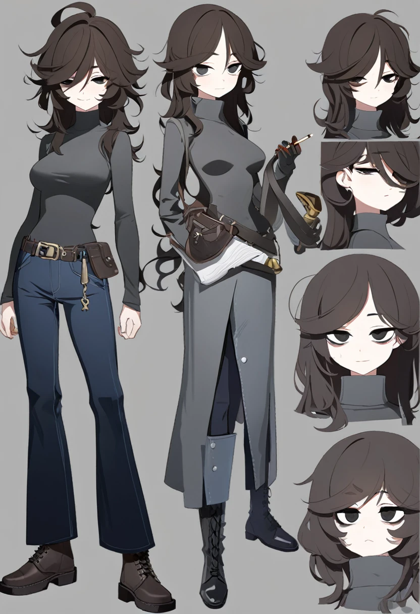 One Woman,Downer,older sister,Concept Art,Dark brown hair,Straight hair with slight inward curls,Staring eyes,Eye Ridge,black eye,Crossed bangs,whole body,smile,Slightly larger breasts,Gray background,Bangs that reach down to the eyes,Messy hair,Tight dark jeans,Gray turtleneck sweater,Multiple views of the same character,Character Design,Dark circles under the eyes,Bad look,Listless,Sloppy,Silver Jewelry,Cafe staff,Holding a cigarette,whole bodyCharacter Design,Detailed hands,Height: 170cm,boots,fleshy,