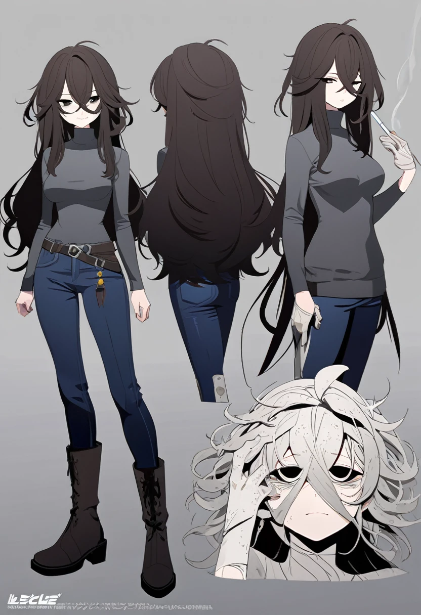 One Woman,Downer,older sister,Concept Art,Dark brown hair,Straight hair with slight inward curls,Staring eyes,Eye Ridge,black eye,Crossed bangs,whole body,smile,Slightly larger breasts,Gray background,Bangs that reach down to the eyes,Messy hair,Tight dark jeans,Gray turtleneck sweater,Multiple views of the same character,Character Design,Dark circles under the eyes,Bad look,Listless,Sloppy,Silver Jewelry,Cafe staff,Holding a cigarette,whole bodyCharacter Design,Detailed hands,Height: 170cm,boots,fleshy,