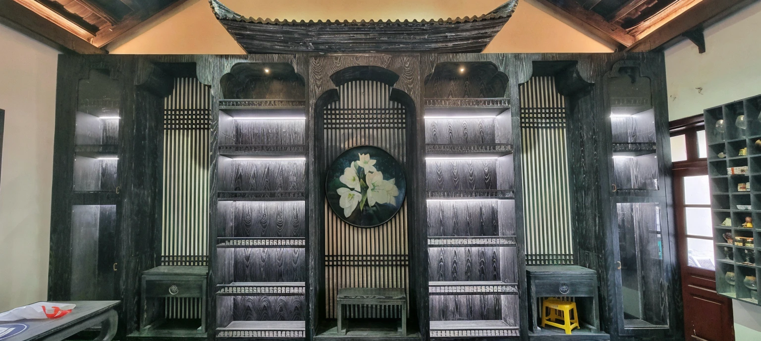 there is a room with a large bookcase and a painting on the wall, with ancient chinese aesthetic, gujian, inspired by Itō Jakuchū, inspired by Dong Yuan, chinese style, inspired by Tang Yin, inspired by Guo Chun, inspired by Guan Daosheng, inspired by Huang Gongwang, inspired by Wang Yi