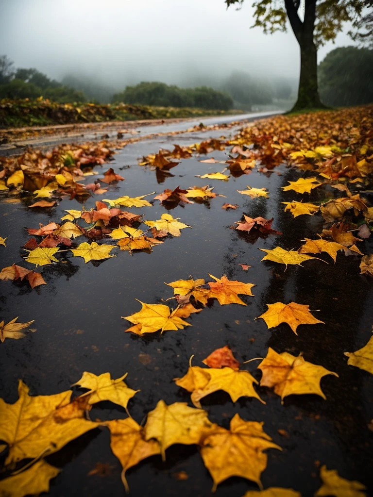 (Close-up of withered autumn leaves and heavy rain falling in the air over a wasteland),Autumn leaves falling,rain rain rain,A desolate and beautiful epic picture