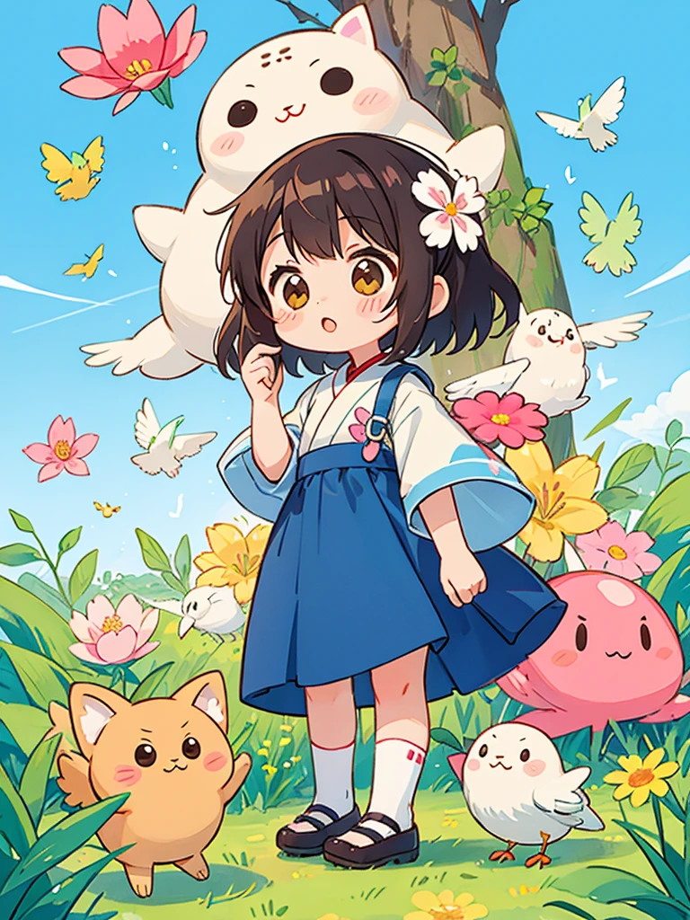 Machiko Satonaka style, Kawaii Design, most beautiful girl ever、Chibi, beautiful spring afternoon、birdie、colorful flowers