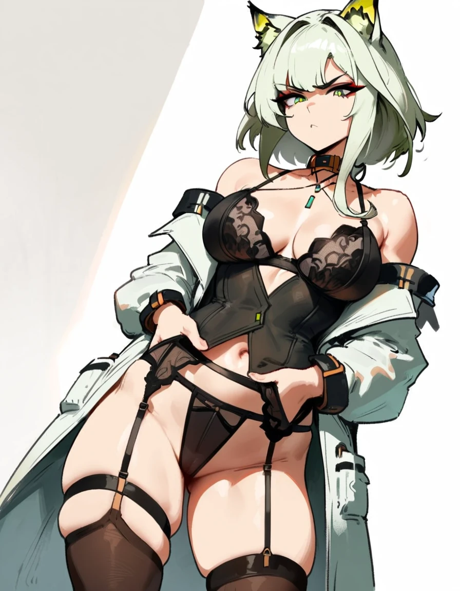 1girl, kal'tsit \(arknights\), arknights \\\\\ masterpiece, best quality, very aesthetic, absurdres, newest \\\\\\ slim body,///// ,by nyantcha,cutesexyrobutts , by khyle,,////// ,,,, , ,,detailed face, , ,, , , , , beautiful face, (white background:1.2), , sexy, , serious.angry, green eyes, animal ears, , , rating:nsfw,,big tits,), in the center of the frame,,, ,lingerie garter belt,, black openwork bra, wears a lab coat, hands in pockets stockings, solo