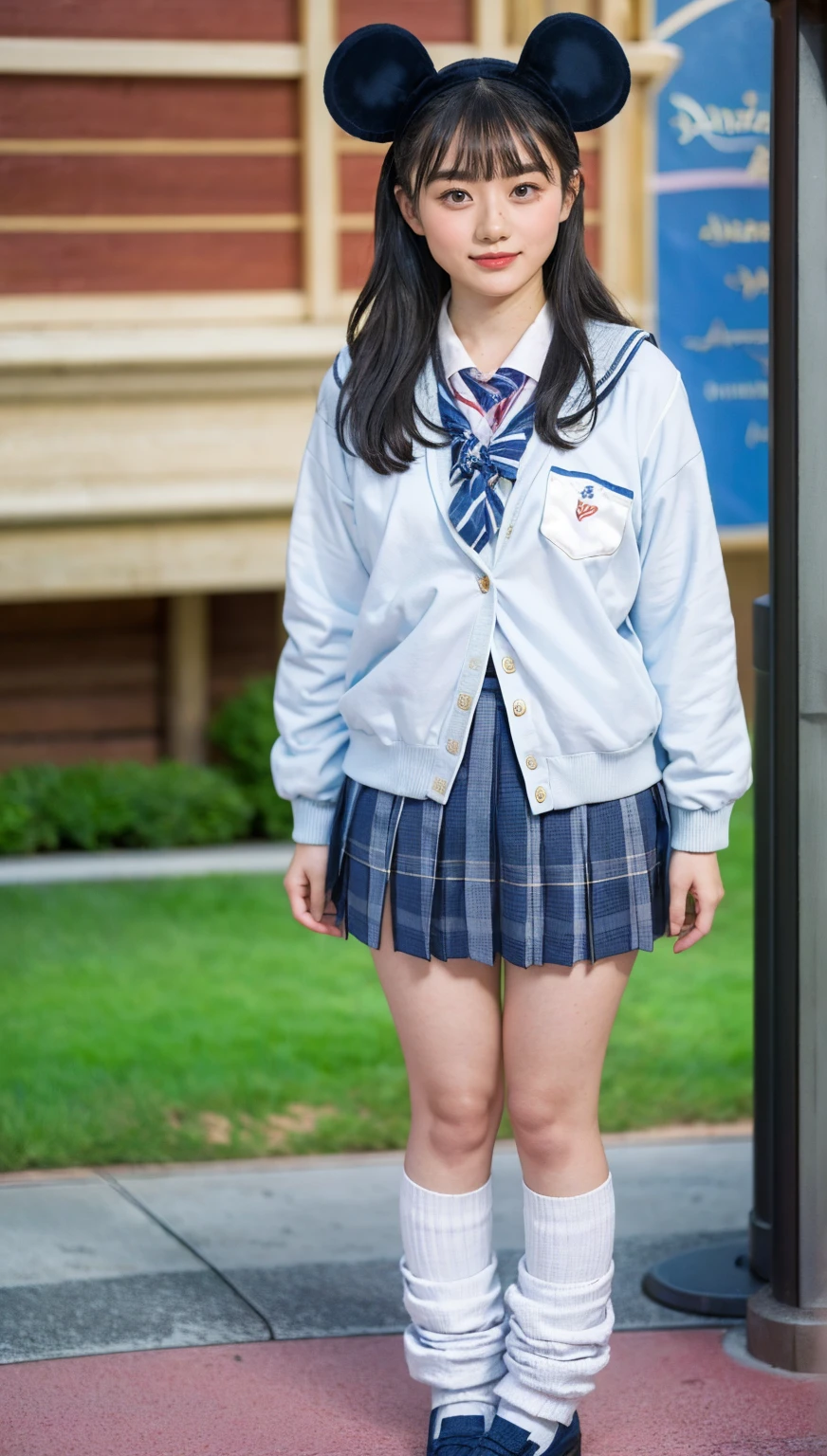 Beautiful woman、 、full body shot、80mm、small breasts、lazy smile、school uniform、bloomers、garden